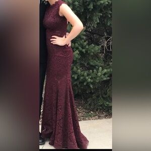 Betsy & Adam Burgundy Sleeveless Lace Gown